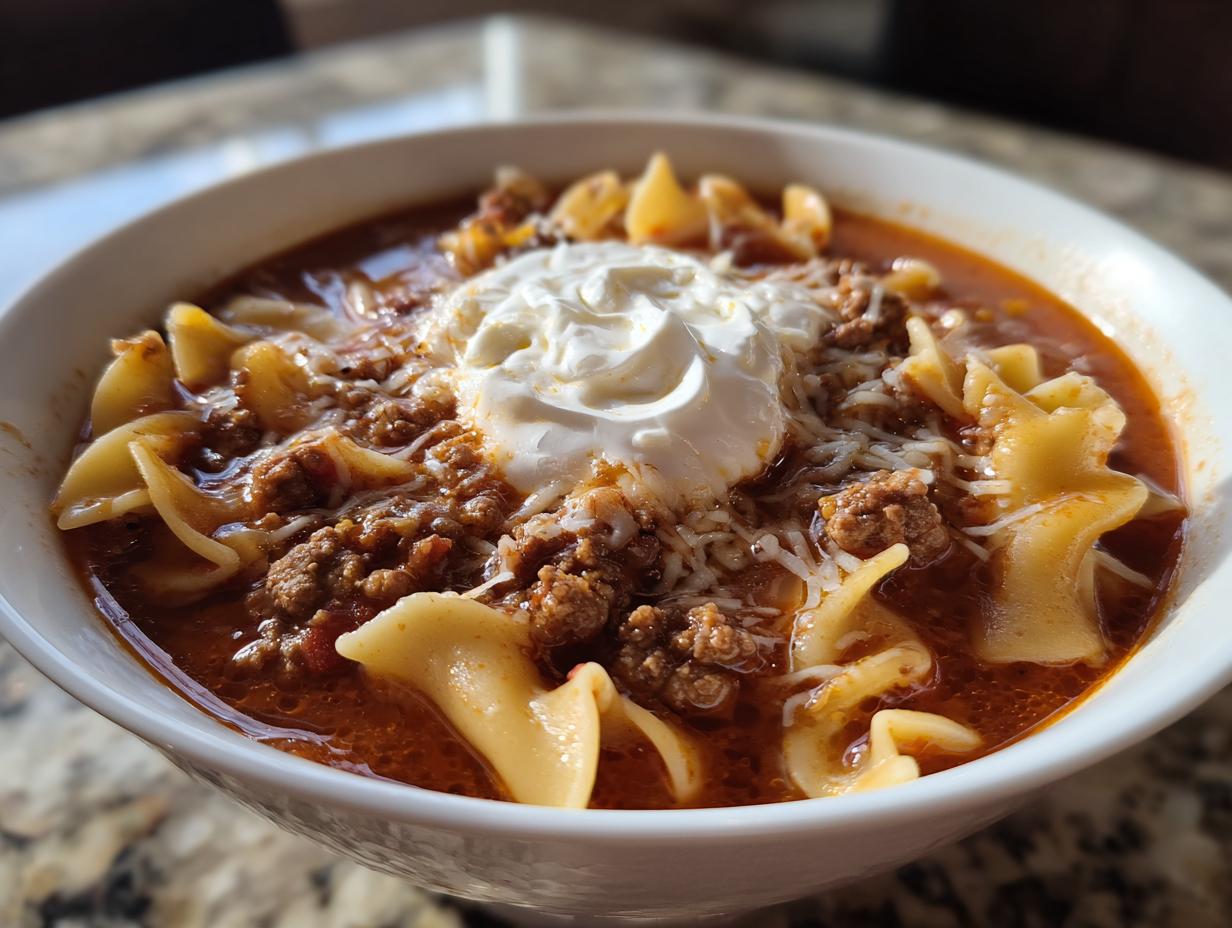 A close-up of a bowl of hearty Lasagna Soup, featuring noodles, seasoned ground meat, and topped with a dollop of sour cream and shredded cheese.