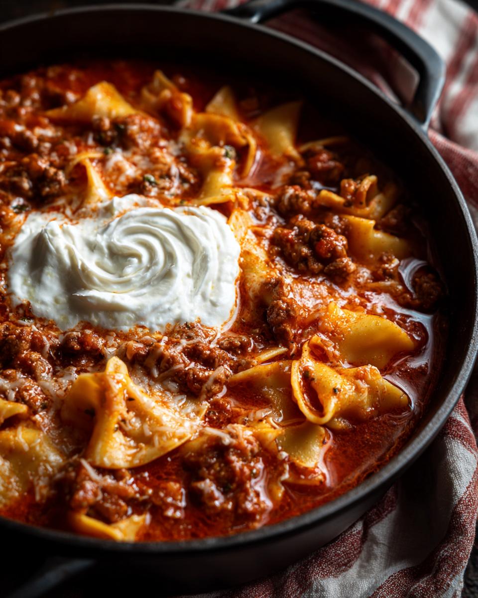 Close-up of a rustic pot filled with hearty Lasagna Soup, topped with a swirl of ricotta cheese and ground meat.