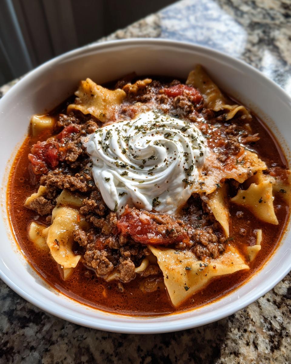 A bowl of hearty Lasagna Soup with ground beef, pasta pieces, and a swirl of ricotta cheese on top, garnished with herbs.