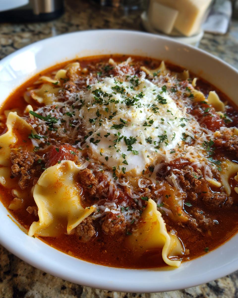 A close-up of a bowl of hearty Lasagna Soup, topped with ricotta cheese, grated parmesan, and fresh parsley.