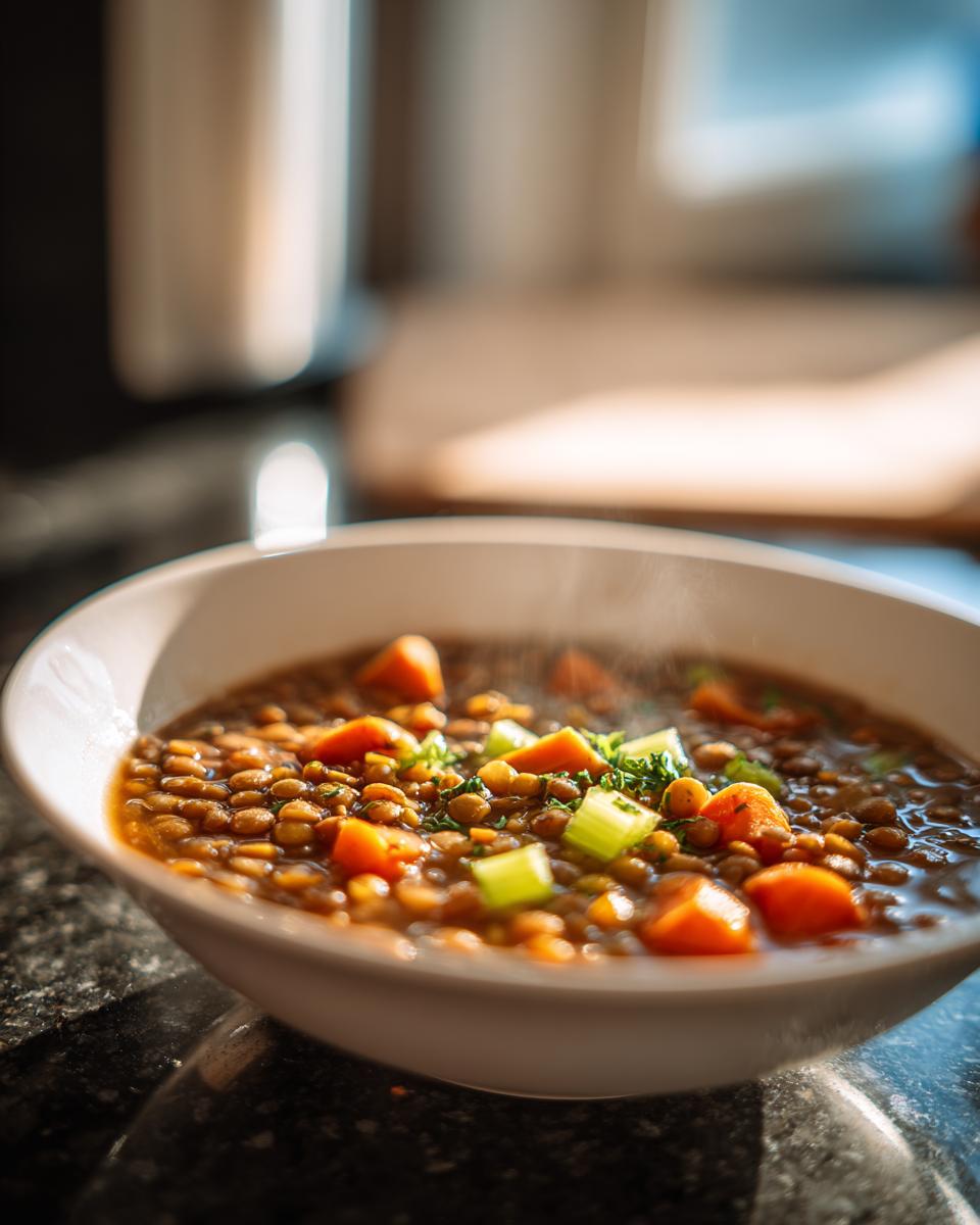 A steaming bowl of hearty lentil soup, filled with tender lentils, diced carrots, and celery pieces, garnished with fresh parsley.