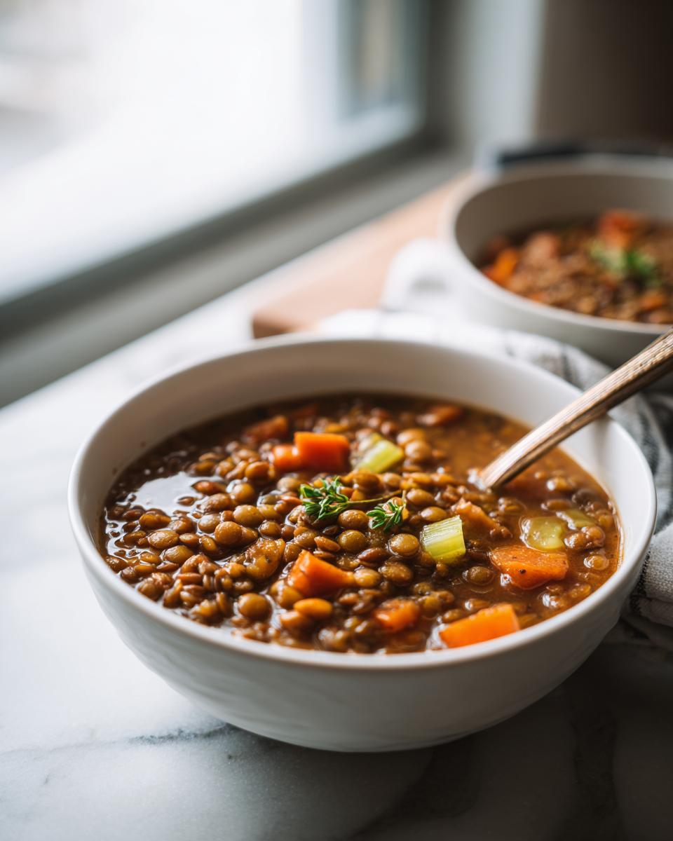 A close-up of a bowl of hearty lentil soup, featuring tender lentils, carrots, and celery, garnished with fresh herbs.