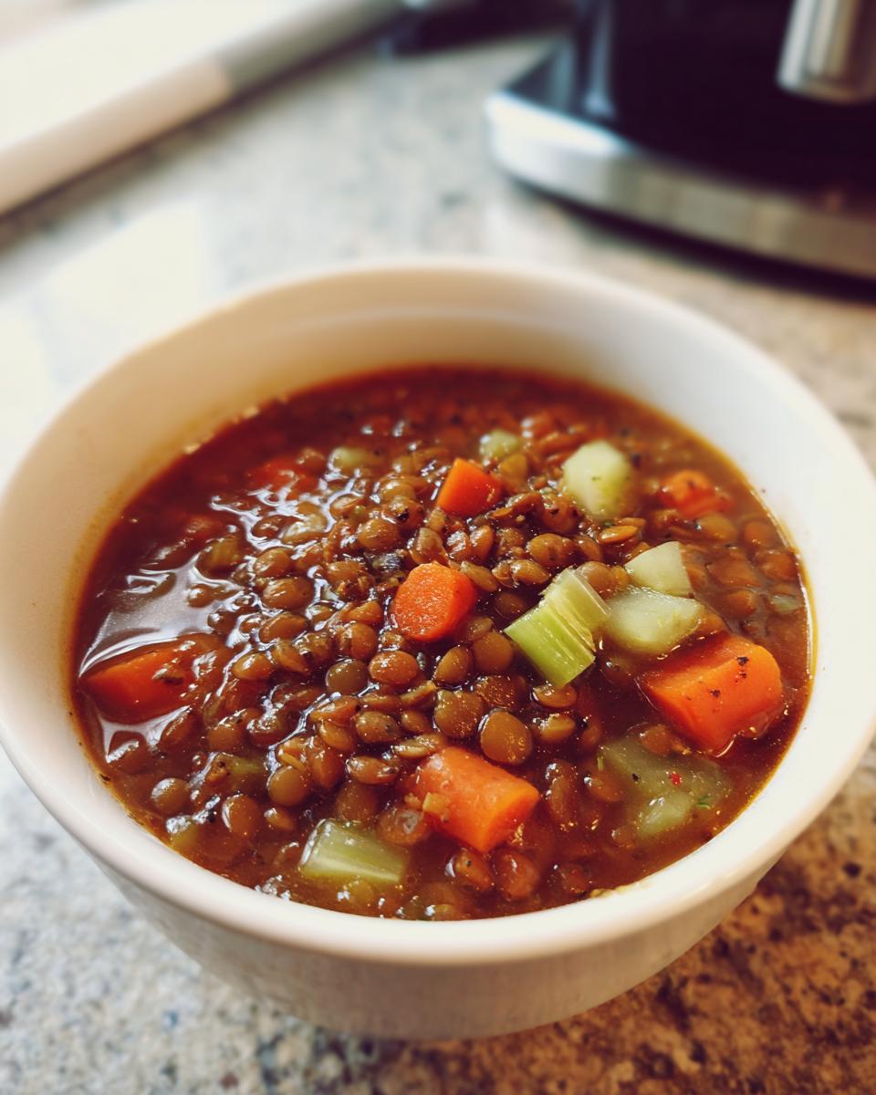 A close-up of a white bowl filled with hearty lentil soup, featuring brown lentils, diced carrots, and celery.