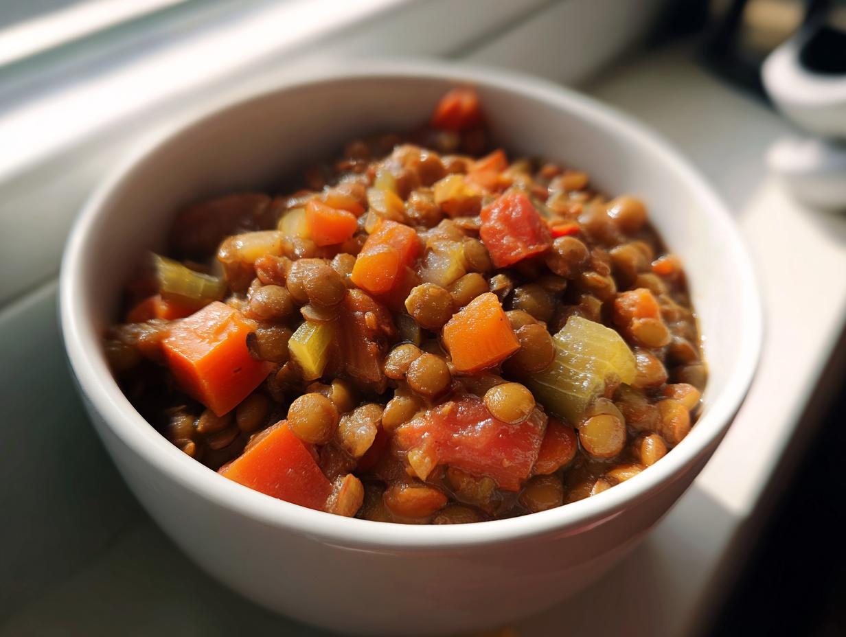 A close-up of a white bowl filled with hearty lentil soup, featuring lentils, carrots, celery, and tomatoes.