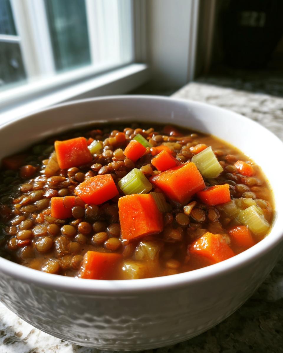 A close-up of a white bowl filled with hearty lentil soup, featuring tender lentils, diced carrots, and celery.