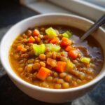 A close-up shot of a bowl of hearty lentil soup, featuring tender lentils, diced carrots, and celery.