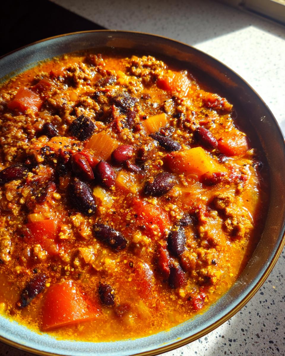 A close-up shot of a bowl filled with hearty Pumpkin Chili, featuring ground meat, kidney beans, and chunks of pumpkin.