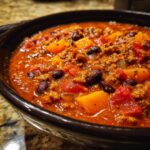 Close-up of a bowl of hearty Pumpkin Chili with chunks of pumpkin, black beans, and ground meat.