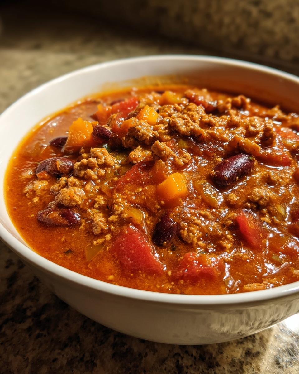 A close-up of a bowl of hearty Pumpkin Chili, featuring kidney beans, chunks of pumpkin, tomatoes, and seasoned ground meat.