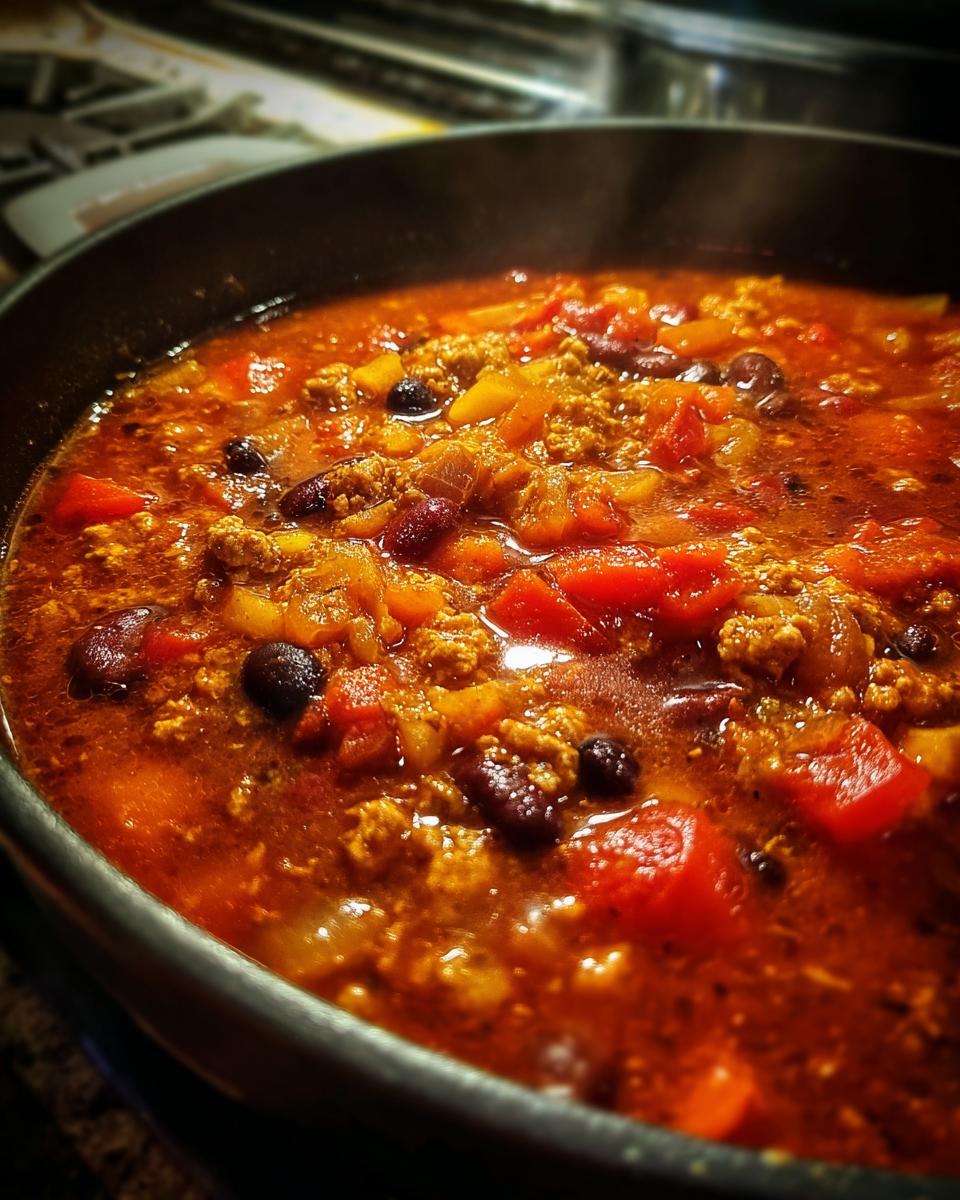 Close-up of a steaming pot of hearty Pumpkin Chili with ground meat, beans, and vegetables.