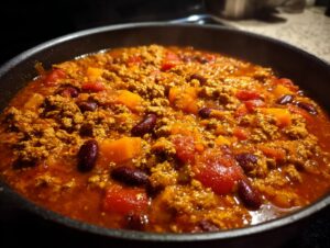 Close-up of a cast iron skillet filled with hearty Pumpkin Chili, featuring ground meat, kidney beans, and chunks of pumpkin.