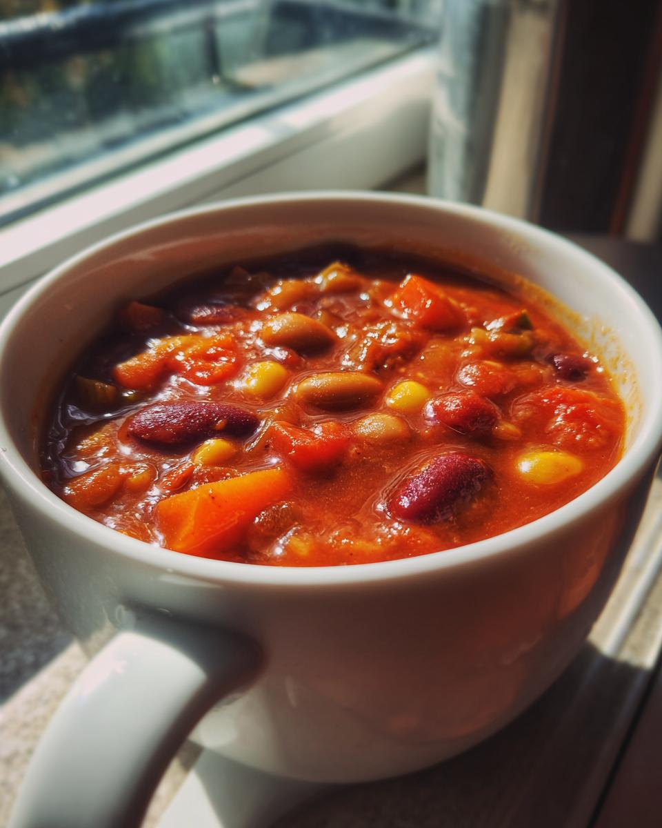A close-up of a white bowl filled with hearty vegetarian chili, featuring beans, corn, and vegetables.