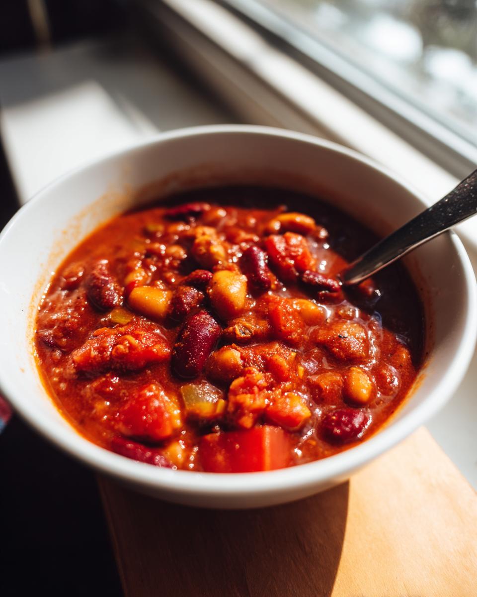A close-up of a white bowl filled with hearty vegetarian chili, featuring beans, tomatoes, and spices.