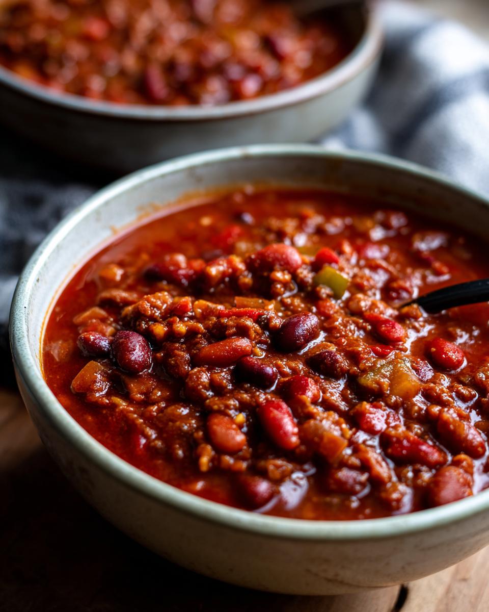 Close-up of a bowl of hearty vegetarian chili, filled with beans, tomatoes, and spices.