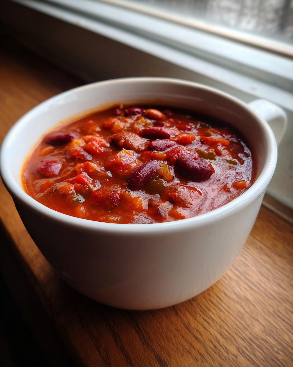 Close-up of a white bowl filled with hearty vegetarian chili, featuring kidney beans, tomatoes, and peppers.