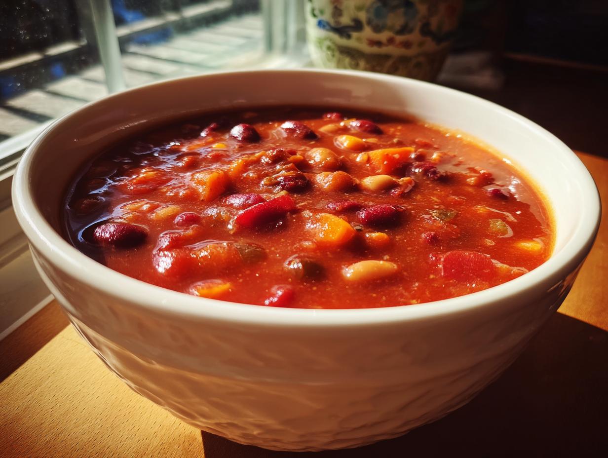 A close-up of a white bowl filled with hearty vegetarian chili, showing kidney beans, pinto beans, and diced tomatoes.