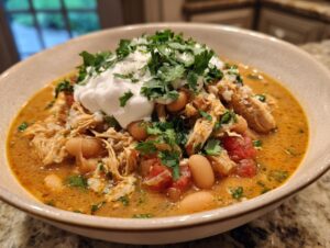 A close-up of a bowl of hearty white chicken chili, topped with sour cream, cilantro, and cheese.