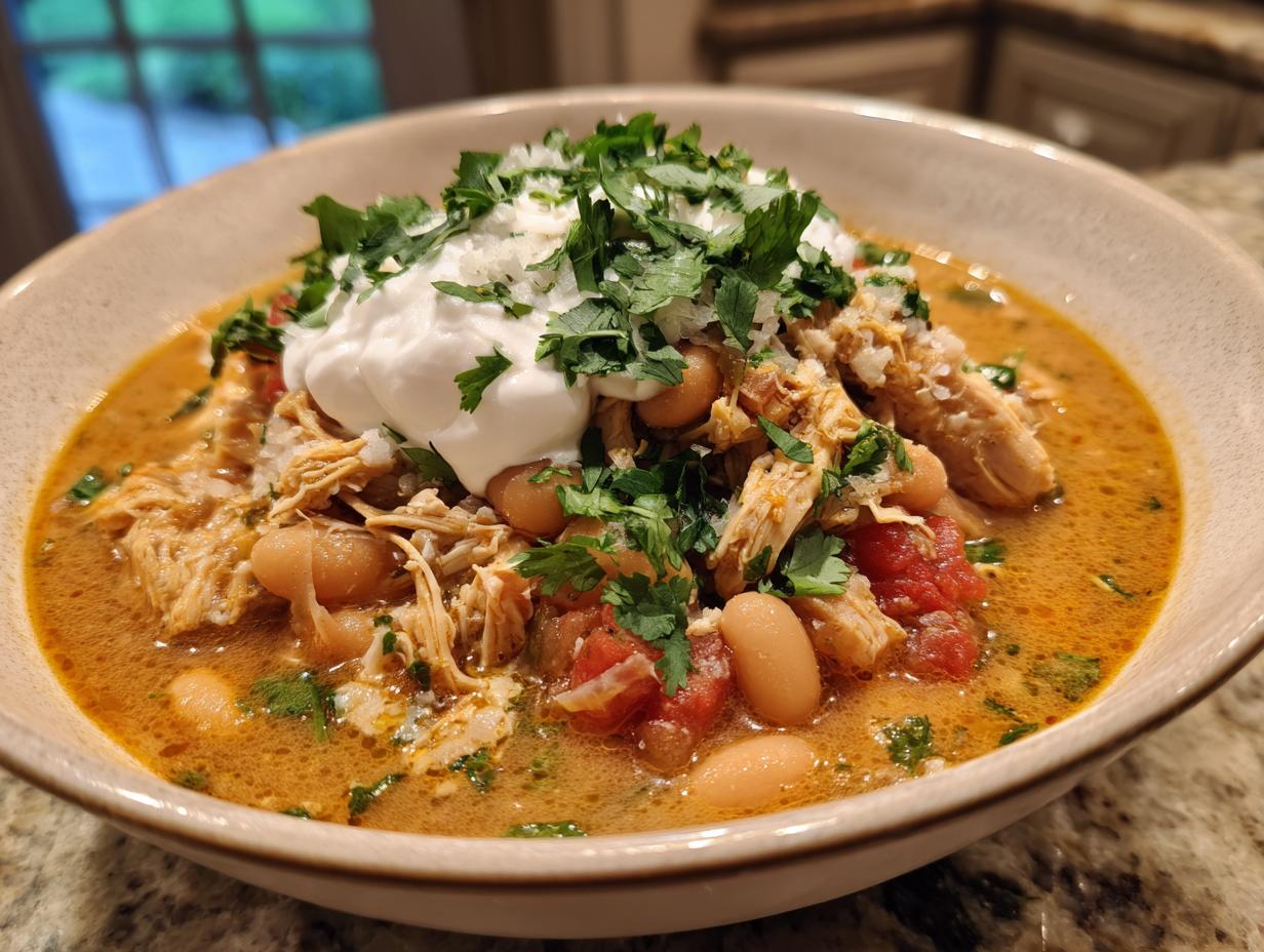 A close-up of a bowl of hearty white chicken chili, topped with sour cream, cilantro, and cheese.