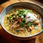 A close-up of a bowl of Hearty White Chicken Chili topped with sour cream and fresh cilantro.