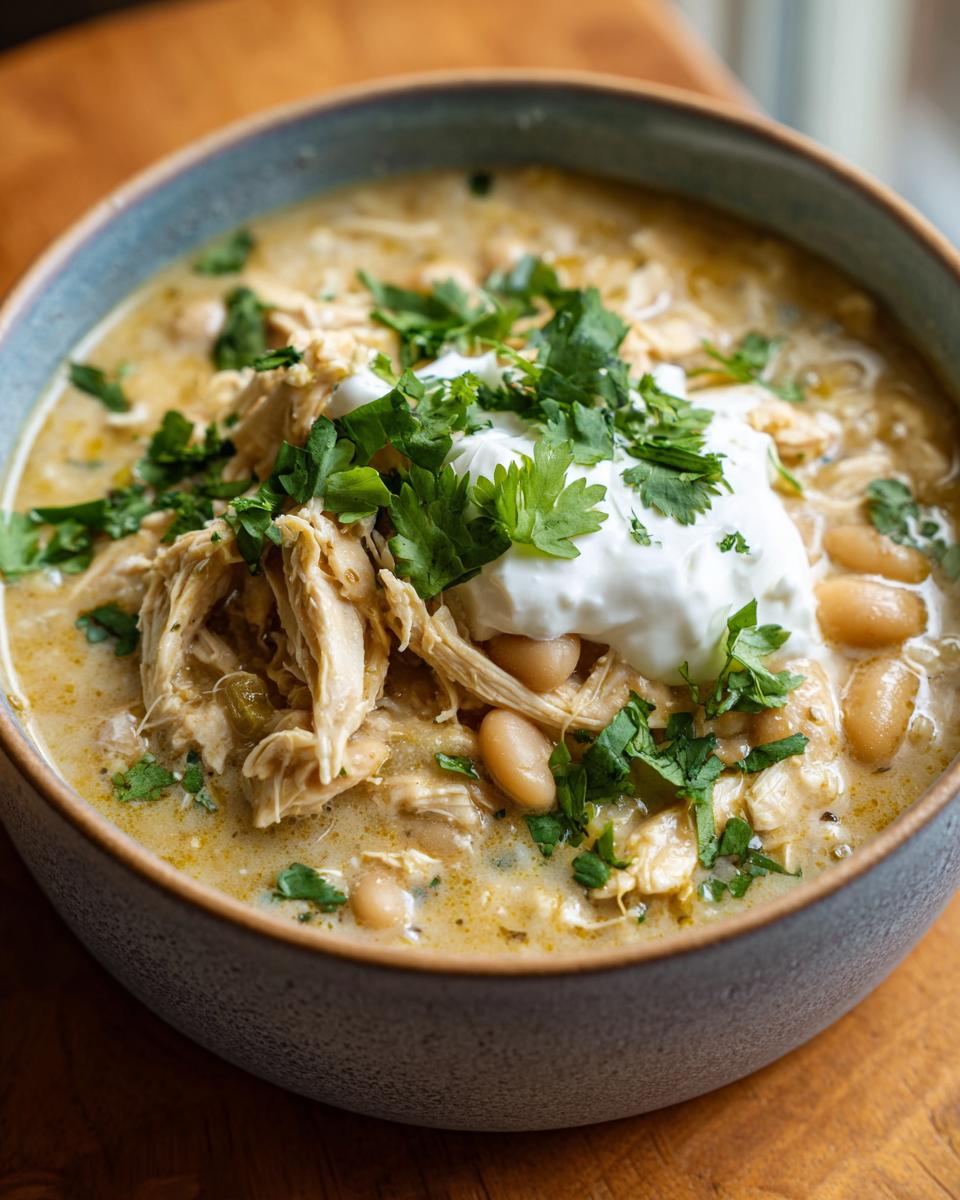A close-up of a bowl of Hearty White Chicken Chili, topped with shredded chicken, white beans, sour cream, and cilantro.