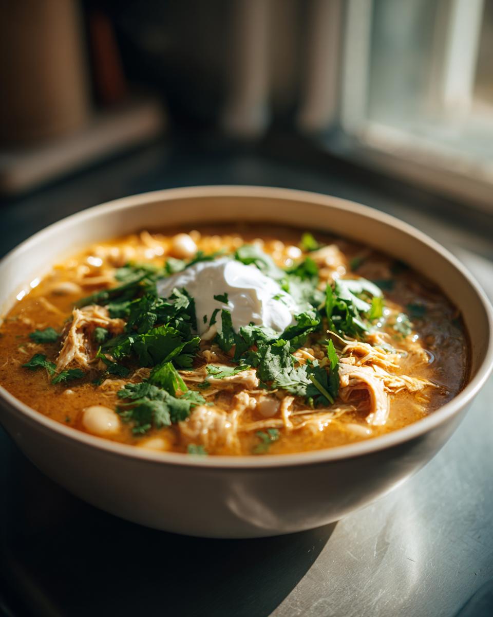 A close-up of a bowl of hearty white chicken chili topped with sour cream and fresh cilantro.
