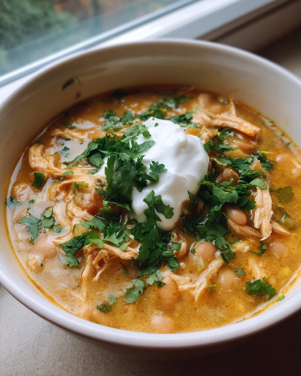 A bowl of hearty white chicken chili topped with sour cream and fresh cilantro.