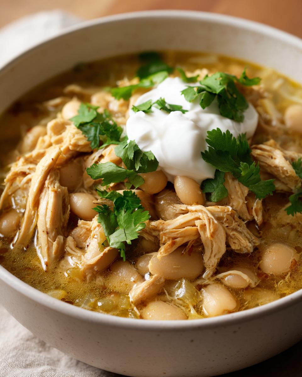 A close-up of a bowl of Hearty White Chicken Chili topped with sour cream and cilantro.