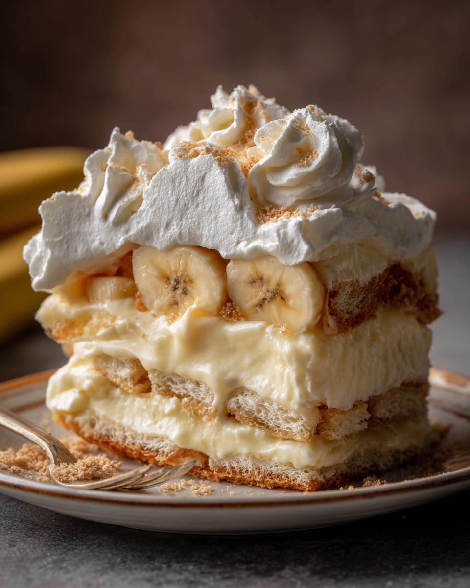 A generous slice of heavenly banana pudding, layered with cookies, pudding, and fresh banana slices, topped with whipped cream and cookie crumbs.