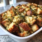Close-up of a white baking dish filled with golden-brown bread cubes, celery, and fresh herbs for herb stuffing.
