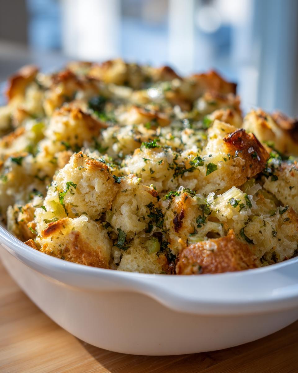 Close-up of golden brown herb stuffing in a white baking dish, sprinkled with fresh parsley.