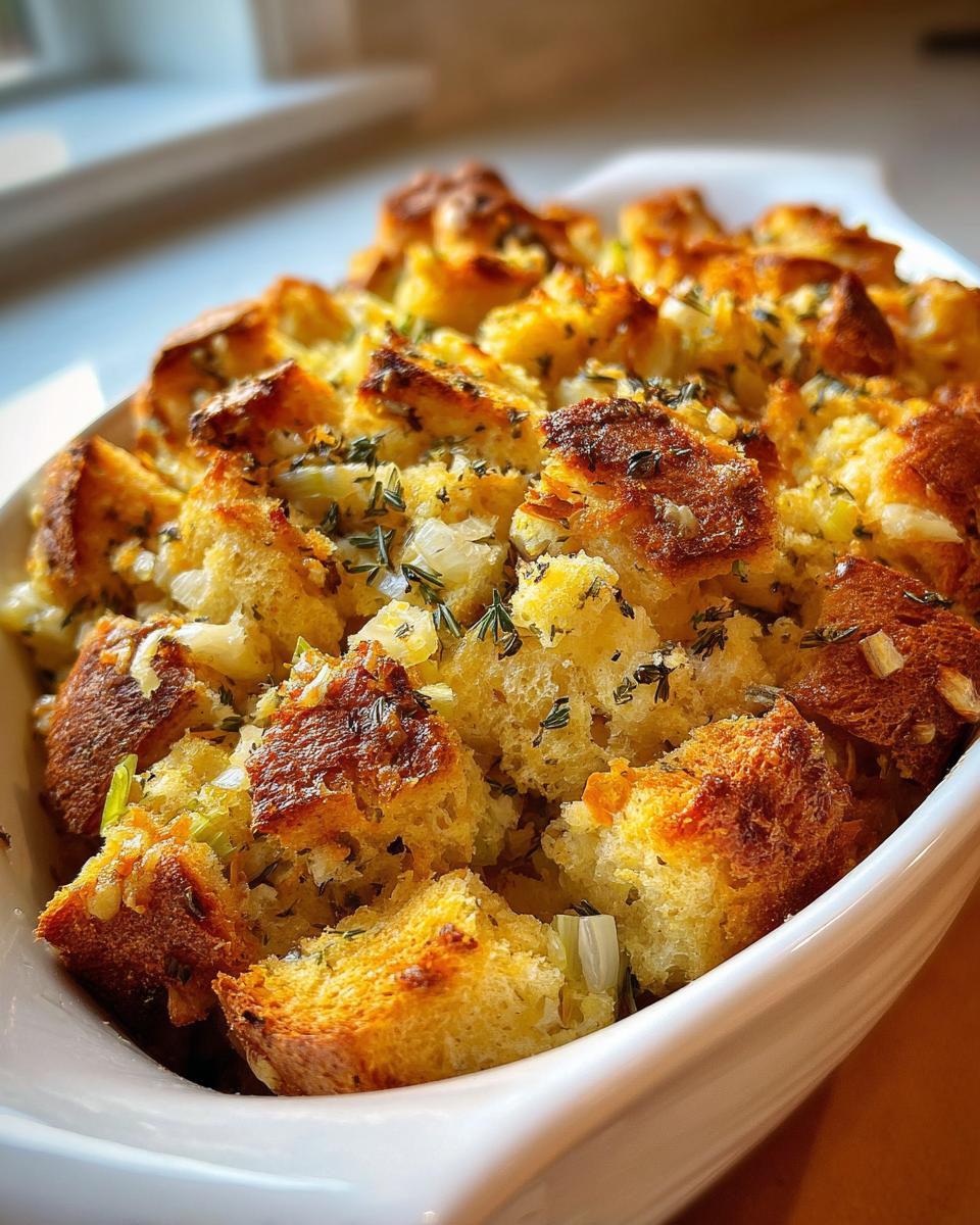 Close-up of golden brown herb stuffing in a white baking dish, with visible herbs and bread cubes.