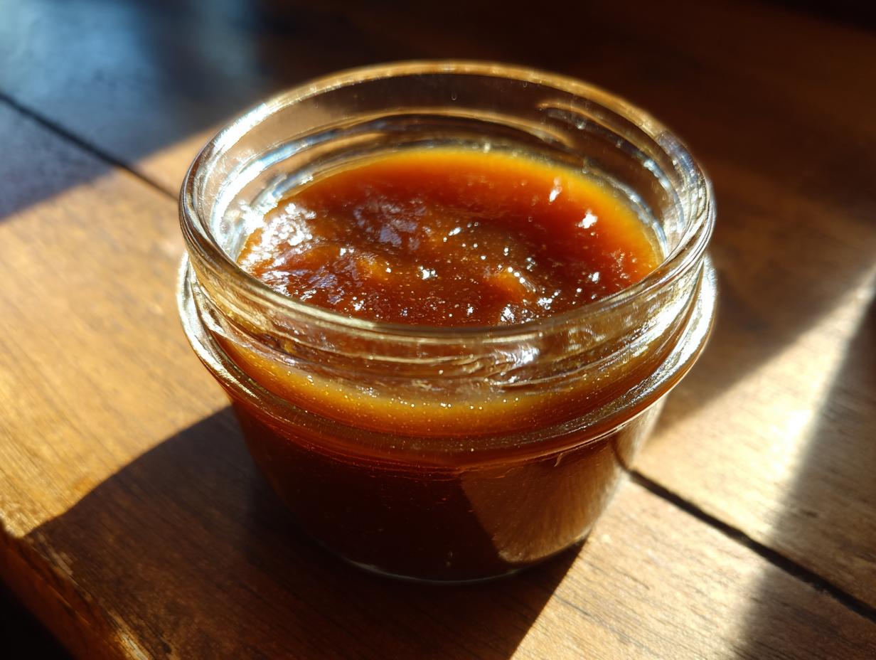 A close-up of a small glass jar filled with rich, dark apple butter, bathed in sunlight.