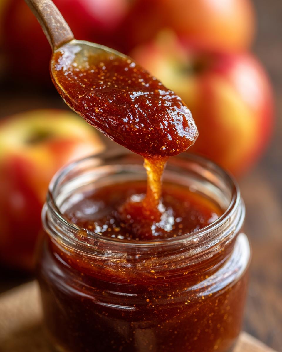 A spoonful of thick, rich homemade Apple Butter being lifted from a jar, with blurred apples in the background.