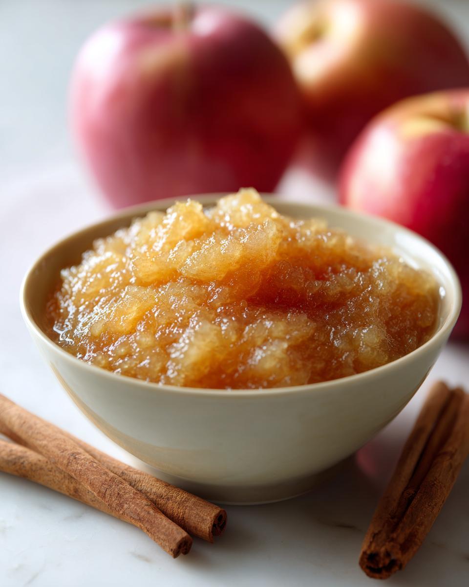 A bowl of chunky homemade applesauce, with red apples and cinnamon sticks in the background.