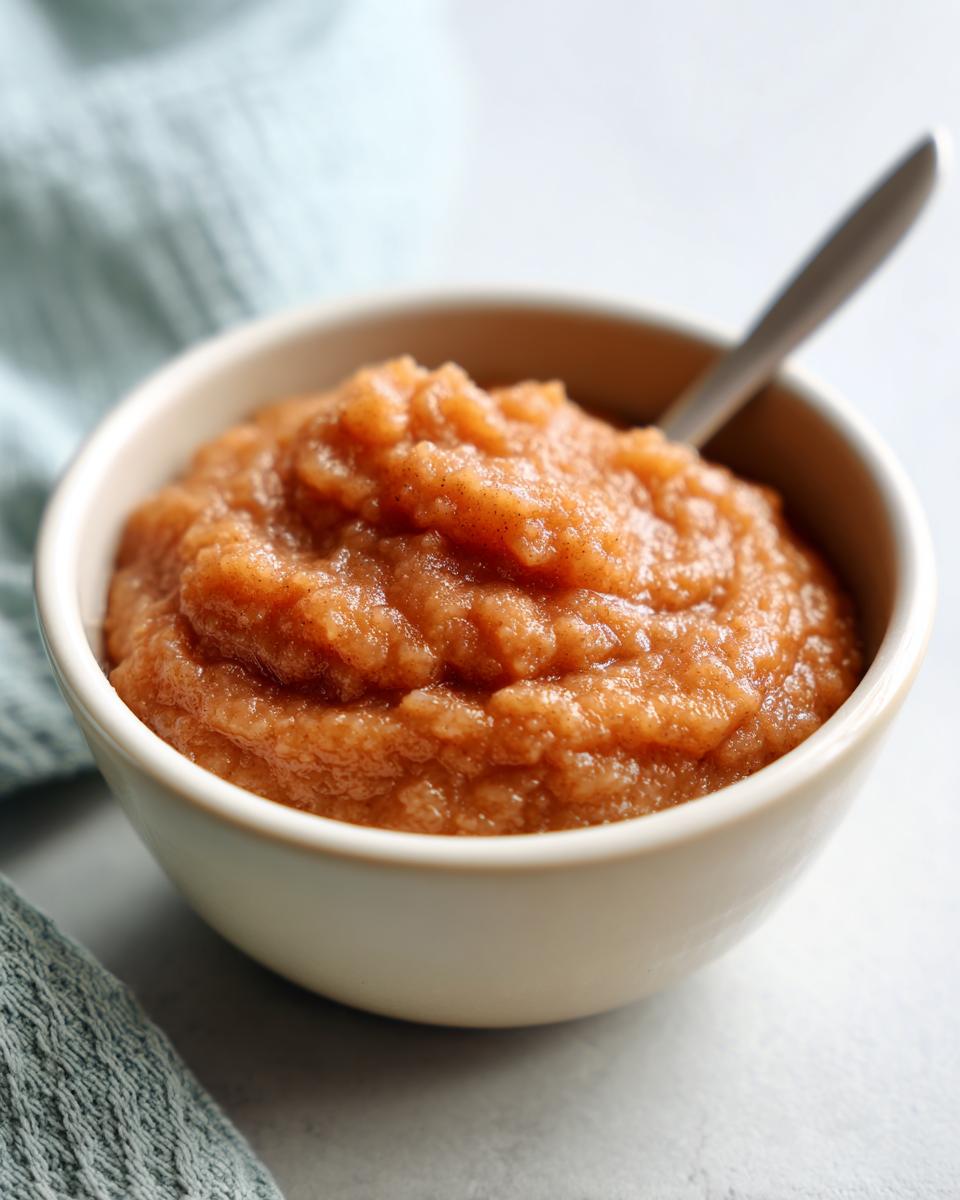 Close-up of a bowl filled with delicious homemade applesauce, with a spoon resting inside.