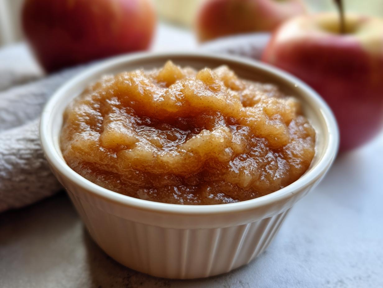 A close-up of a white ramekin filled with delicious homemade applesauce, with fresh apples in the background.