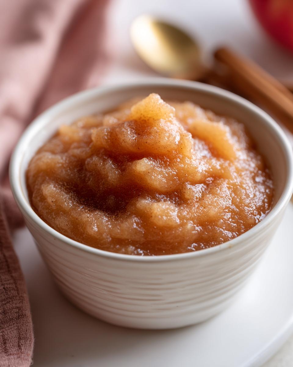 Close-up of a bowl filled with chunky, cinnamon-spiced homemade applesauce.