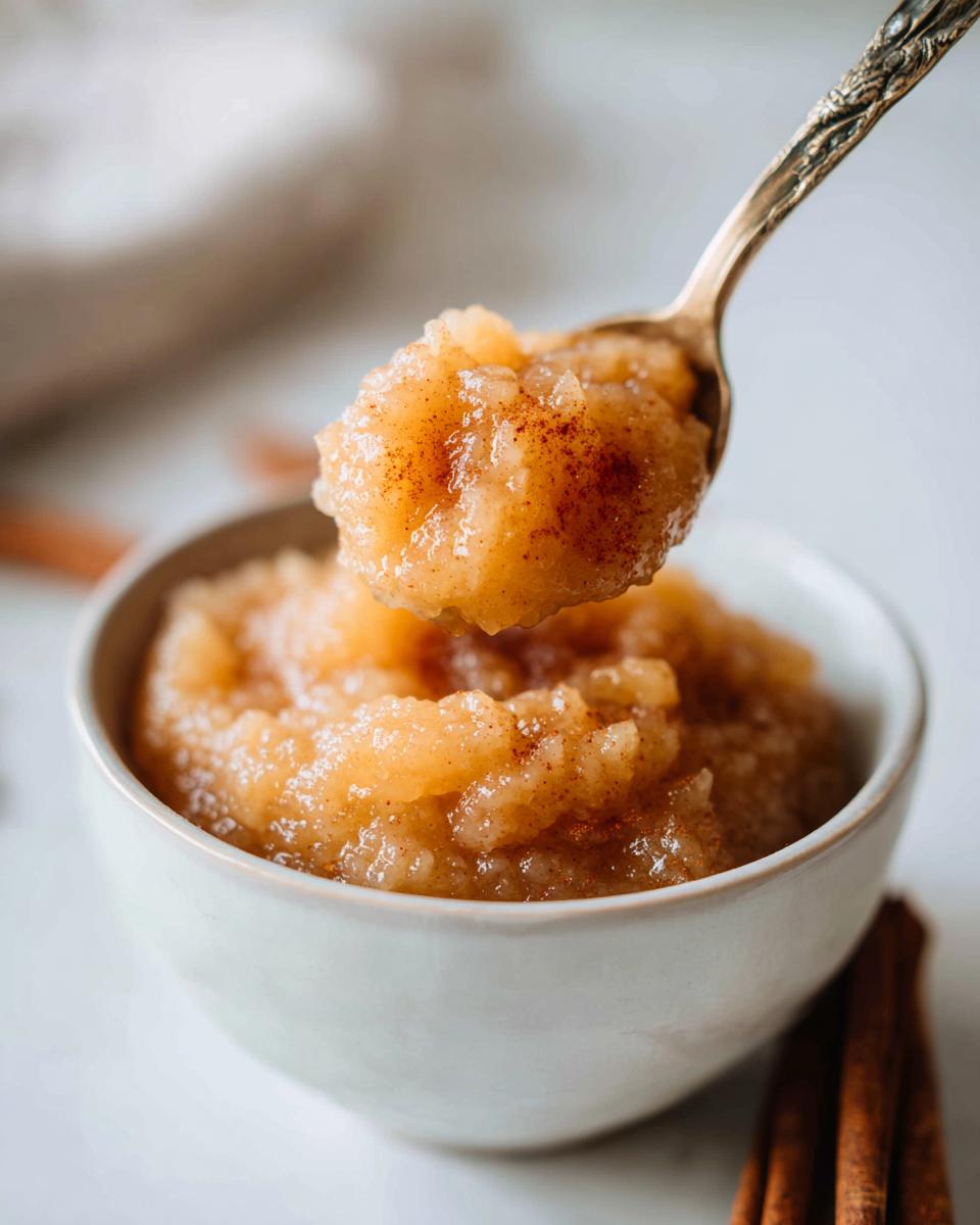 A spoonful of homemade applesauce sprinkled with cinnamon, lifted from a bowl.
