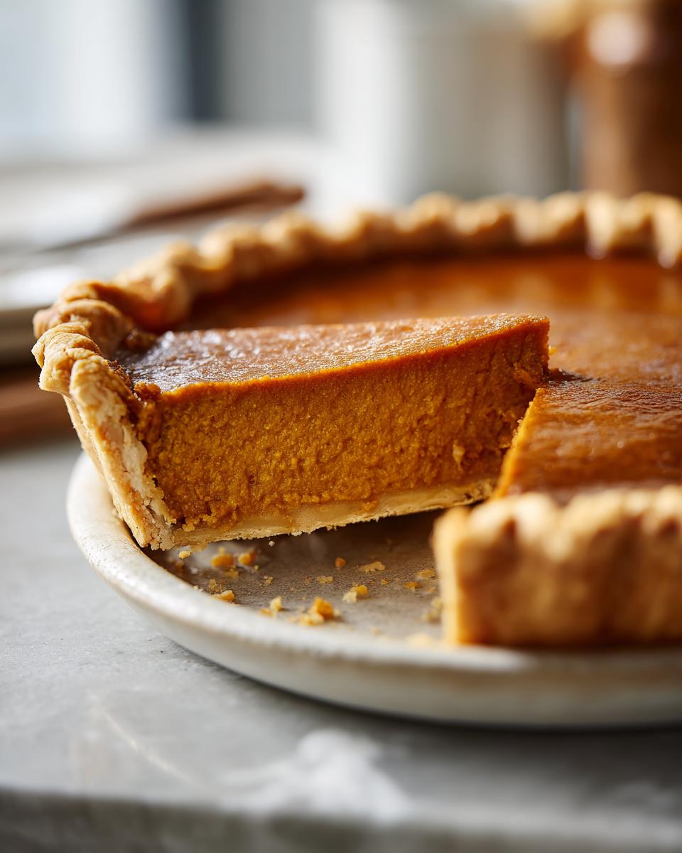 A close-up of a slice of homemade pumpkin pie with a flaky crust on a rustic plate.