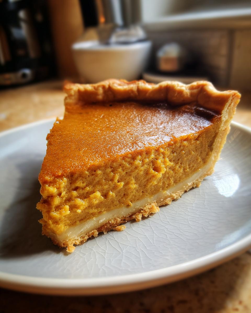 A close-up of a perfect slice of homemade pumpkin pie on a light gray plate.