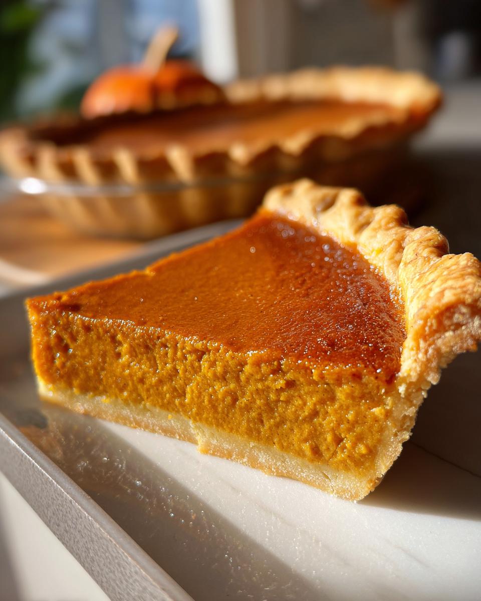 A close-up of a slice of delicious homemade pumpkin pie with a golden crust.