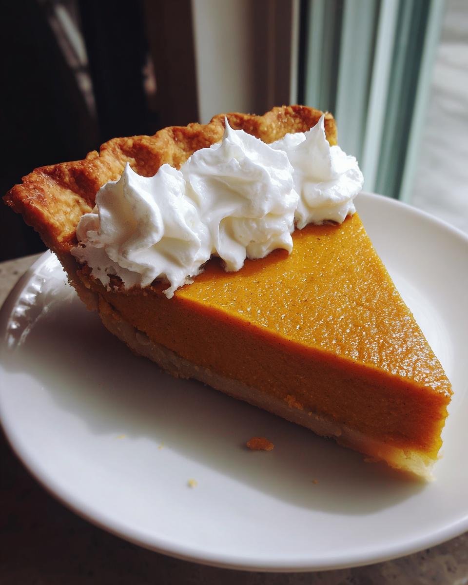 A delicious slice of homemade pumpkin pie topped with whipped cream, served on a white plate.