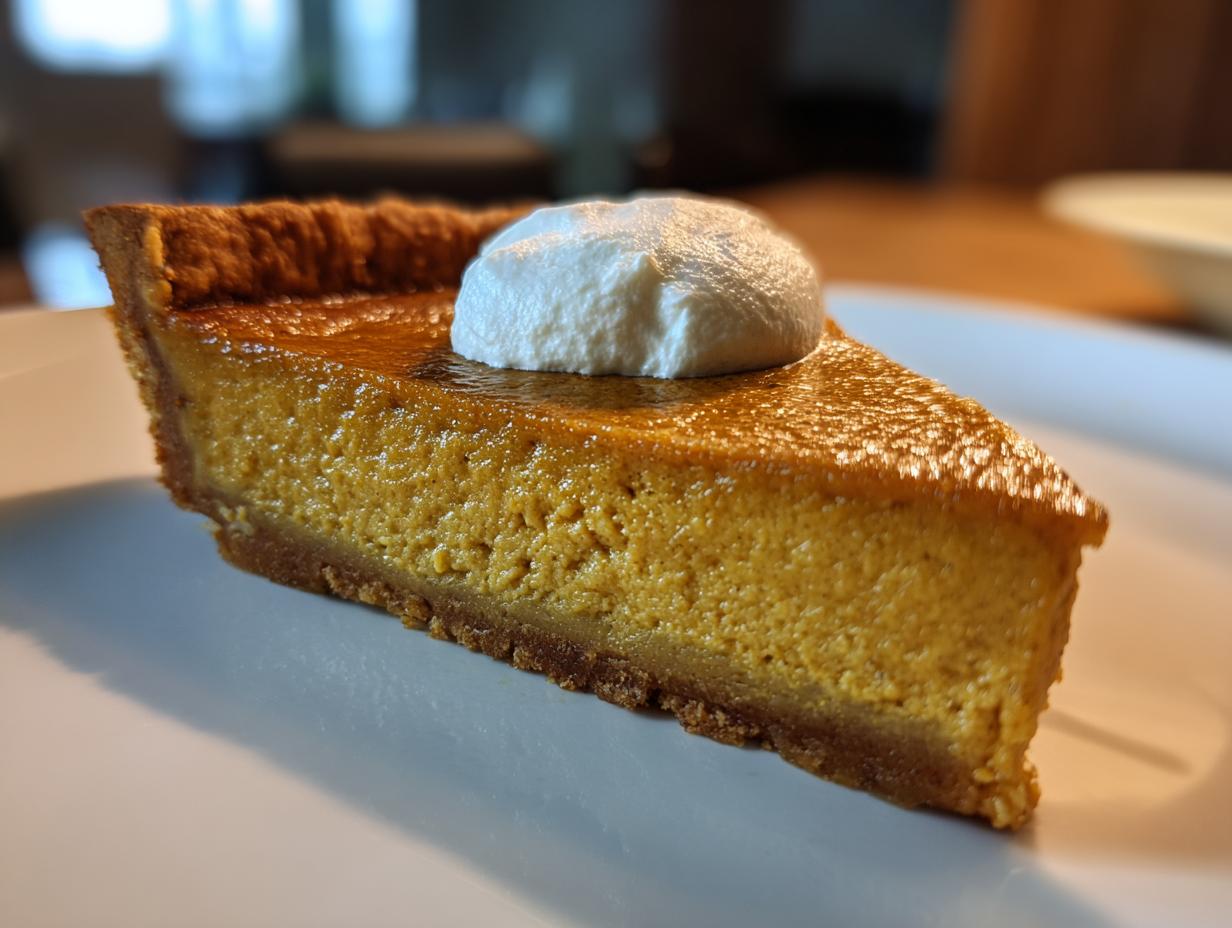 A delicious slice of homemade pumpkin pie topped with a dollop of whipped cream, served on a white plate.