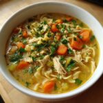 A close-up of a bowl of homestyle chicken noodle soup, featuring noodles, shredded chicken, carrots, celery, and parsley.