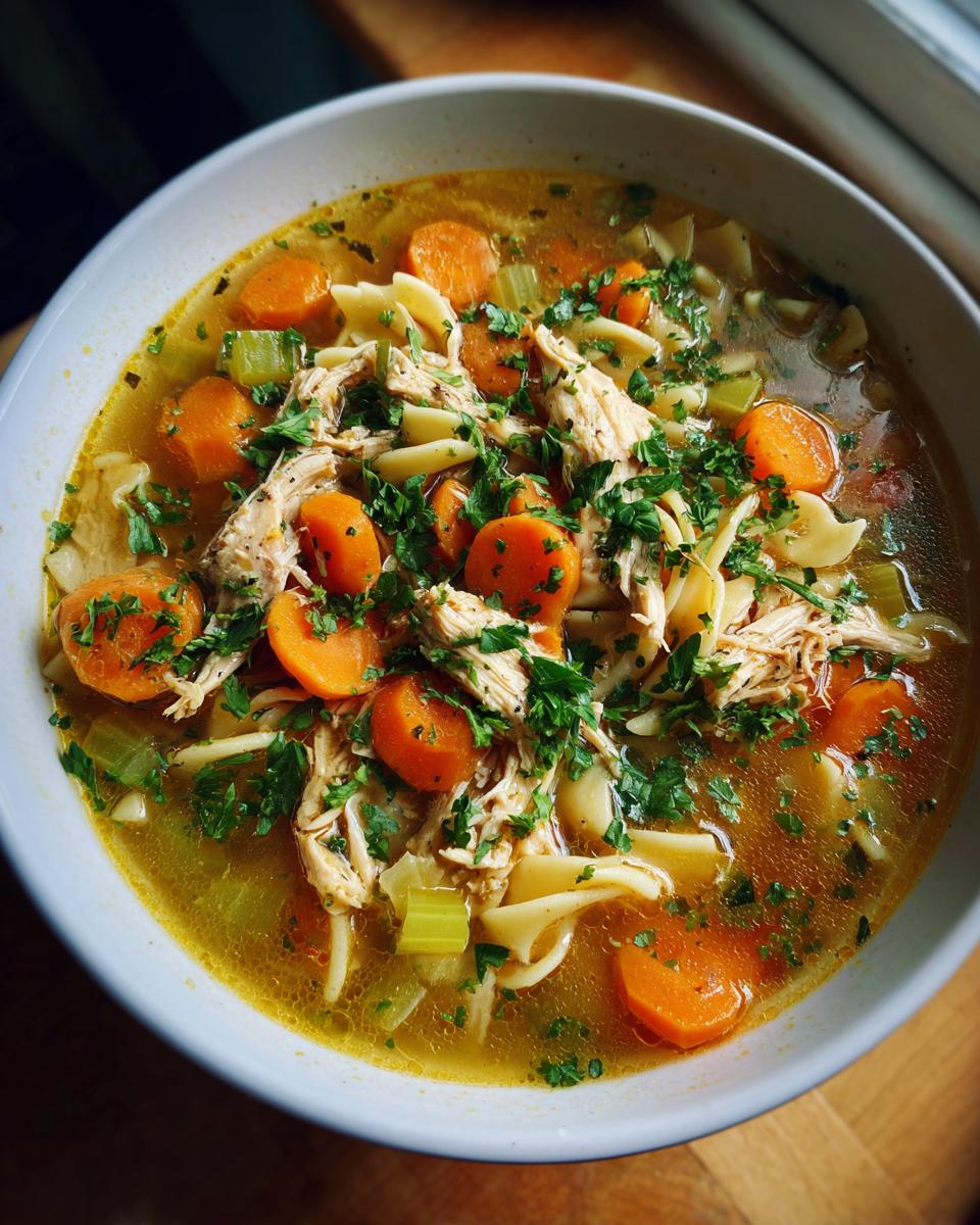 A close-up overhead view of a bowl of Homestyle Chicken Noodle Soup with shredded chicken, carrots, celery, and noodles.