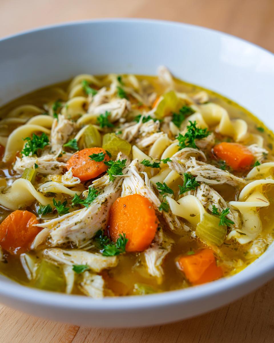 A close-up of a white bowl filled with Homestyle Chicken Noodle Soup, featuring noodles, shredded chicken, carrots, celery, and parsley.
