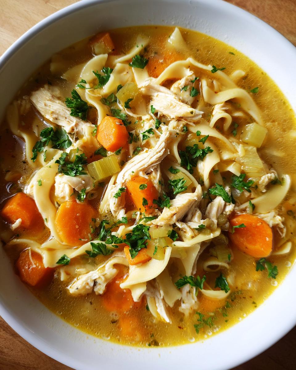 A close-up bowl of homestyle chicken noodle soup filled with noodles, shredded chicken, carrots, celery, and parsley.