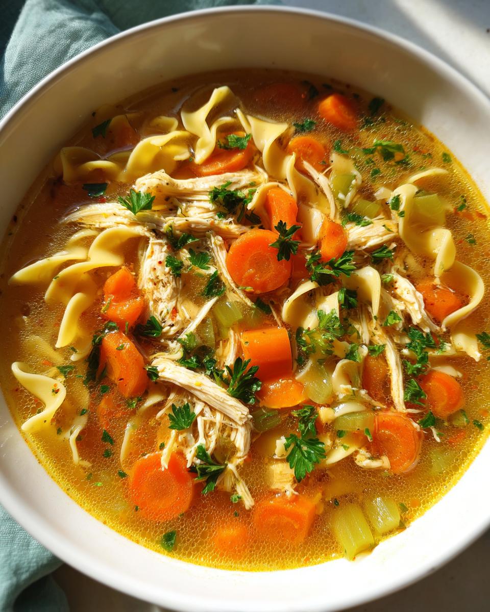Close-up of a bowl of Homestyle Chicken Noodle Soup with egg noodles, shredded chicken, carrots, and parsley.