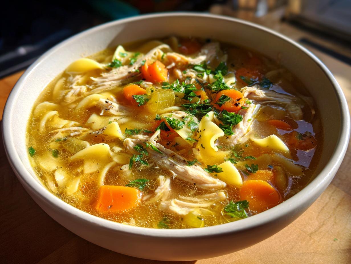 A close-up of a bowl of homestyle chicken noodle soup, featuring tender chicken, wide egg noodles, carrots, celery, and fresh parsley.