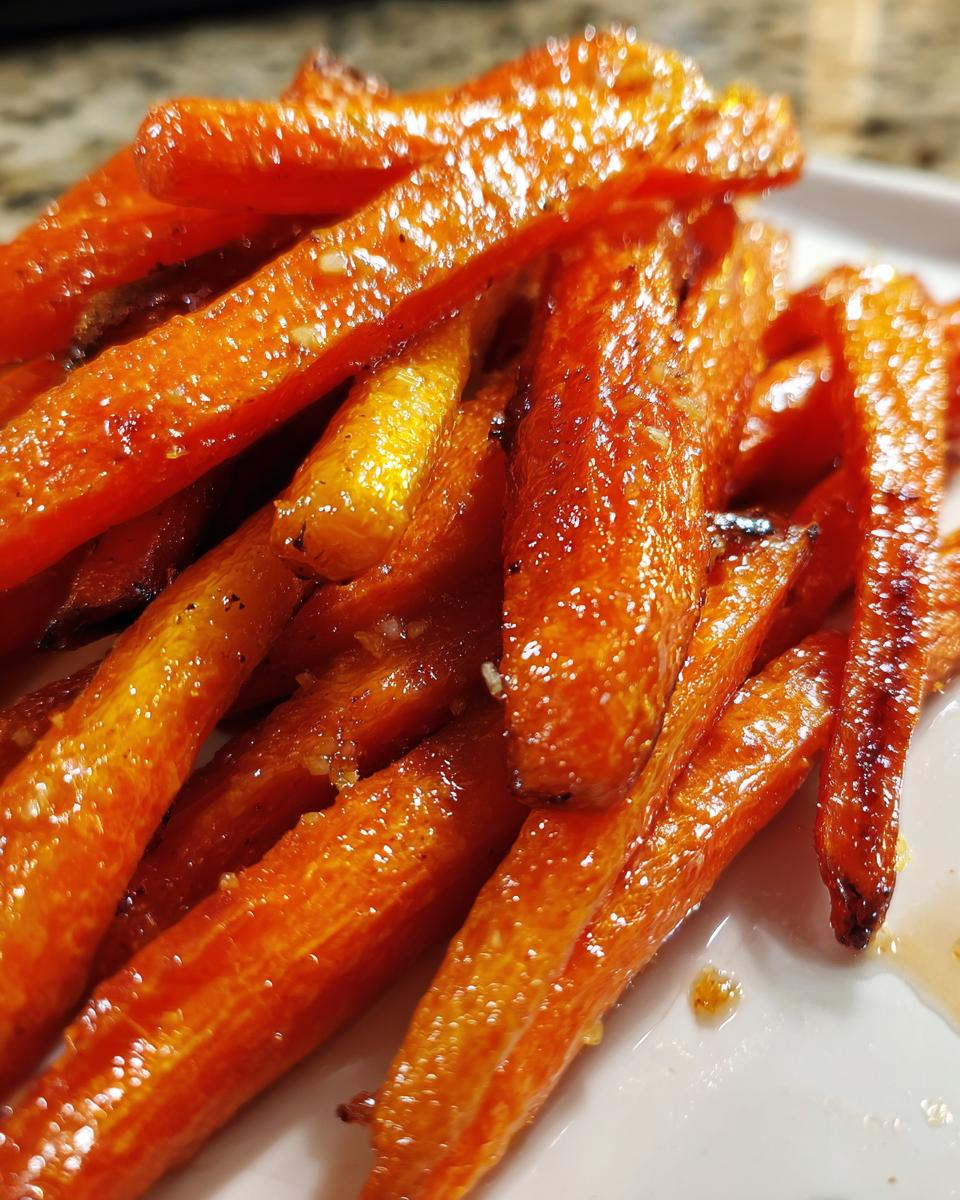 Close-up of glistening Honey Butter Roasted Carrots on a white plate, showing their caramelized texture.